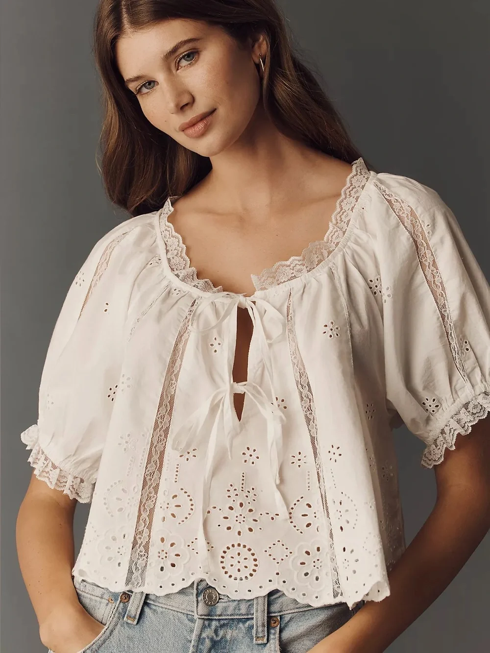 By Anthropologie Embroidered Puff-Sleeve Swing Top